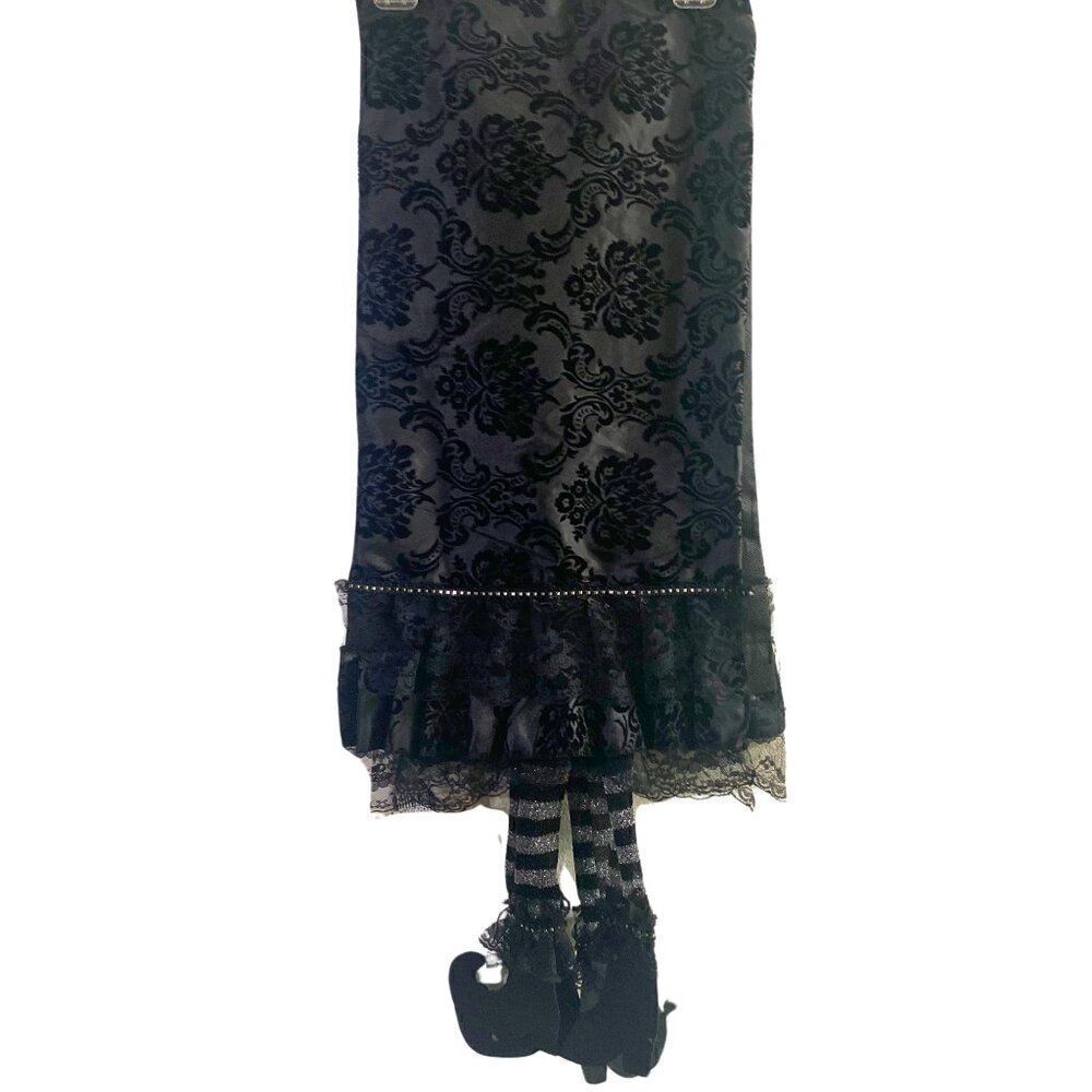 Gothic Velvet Damask Lace Halloween Table Runner with Hanging Grey Witch Legs